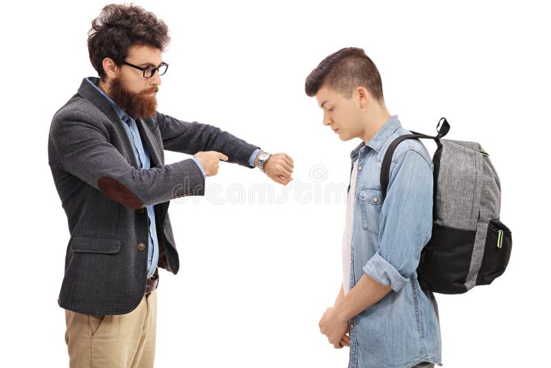 Father scolding his son for being late isolated on white background. Father scolding his son for being late isolated on white background