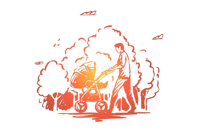 Vater mit Kinderwagen auf Spaziergang im t?glichen Wegfreien des Parks, des Vatis und des Kindes, Pram Holding des jungen Mannes