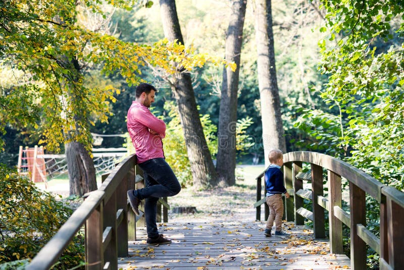 Vater mit kleinem Sohn auf einem Spaziergang im Herbstpark auf einer Brücke stockbild Vater mit kleinem Sohn auf einem Spaziergang im Herbstpark auf einer Brücke stockbild