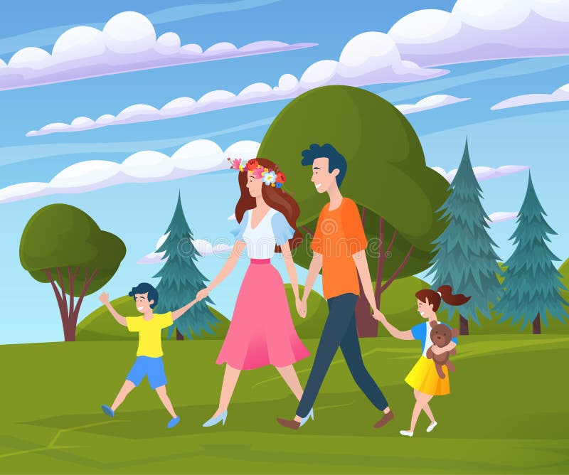 Vater Mutter Tochter und Sohn gehen im Freien. glückliches Familienkind im Park lizenzfreie abbildung