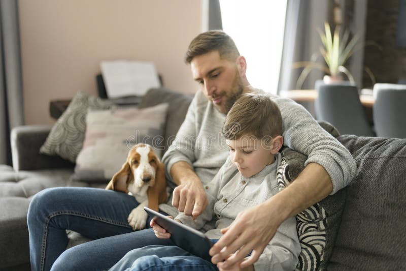 Vater oder Pate mit Basset Hund, die sich im Wohnzimmer mit Computertablette amüsieren lizenzfreie stockbilder