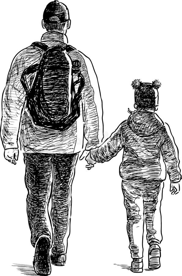 Vater-Skizze mit seiner kleinen Tochter, die die Straße entlang geht