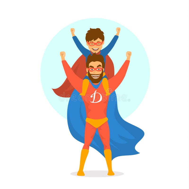 Happy fathers day isolated vector illustration cartoon fun scene with dad and son dressed in superhero costumes. Happy fathers day isolated vector illustration cartoon fun scene with dad and son dressed in superhero costumes