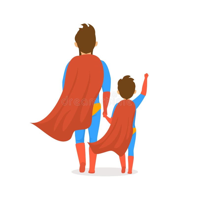 Happy fathers day isolated vector illustration cartoon backside view scene with dad and son dressed in superhero costumes walking together holding hands. Happy fathers day isolated vector illustration cartoon backside view scene with dad and son dressed in superhero costumes walking together holding hands