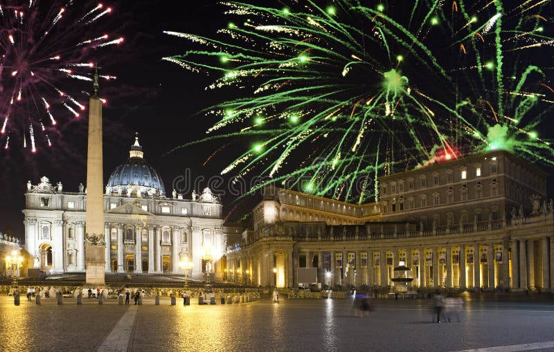 Vatican. Celebratory fireworks over a St Peter`s Square. Rome. Italy