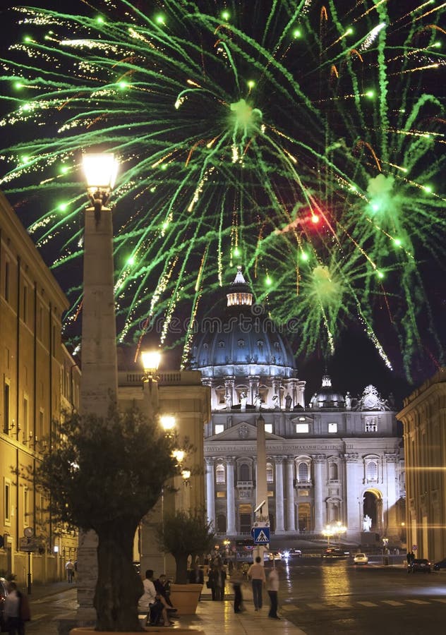 Vatican. Celebratory fireworks over a St Peter`s Square