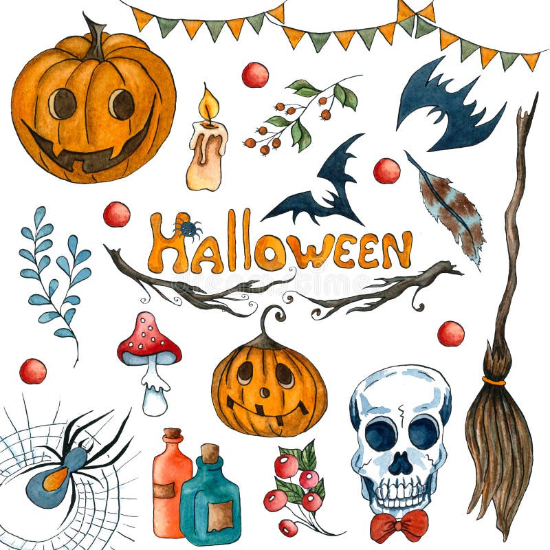 Vattenf?rghalloween upps?ttning Tre roliga pumpor, förgiftat äpple, spöklik framsida, suckulent, stearinljus, slagträ, förgiftad vektor illustrationer Vattenf?rghalloween upps?ttning Tre roliga pumpor, förgiftat äpple, spöklik framsida, suckulent, stearinljus, slagträ, förgiftad vektor illustrationer