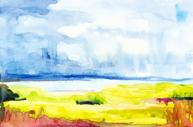 Vattenf?rgillustration av ett ryskt f?lt med en skog i bakgrunden royaltyfri illustrationer Vattenf?rgillustration av ett ryskt f?lt med en skog i bakgrunden royaltyfri illustrationer