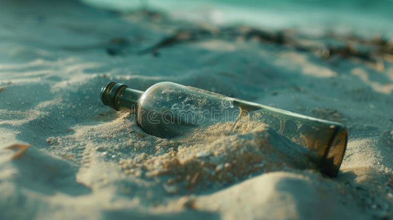 A discarded bottle lies on the sandy beach, surrounded by the tranquil landscape of water, wildlife, and rocks AIG50 AI generated. A discarded bottle lies on the sandy beach, surrounded by the tranquil landscape of water, wildlife, and rocks AIG50 AI generated