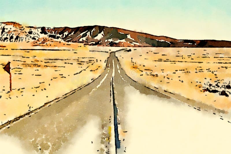 Digital watercolor of straigth road in a desert in the USA. Digital watercolor of straigth road in a desert in the USA