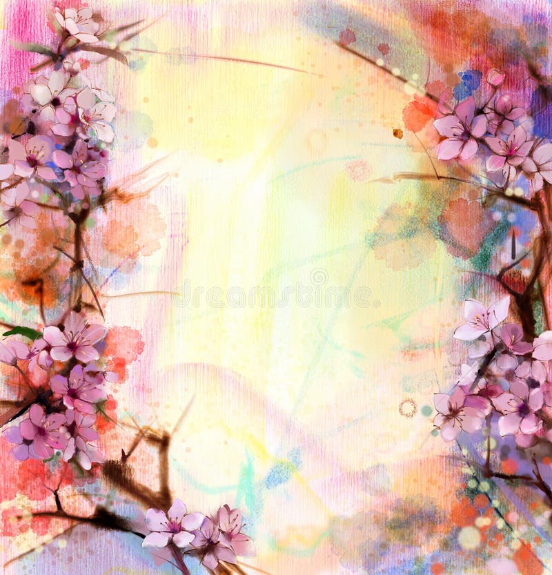 Vattenfärg som målar körsbärsröda blomningar, japansk körsbär, rosa Sakura royaltyfri illustrationer