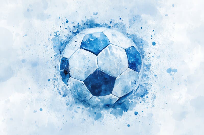 Vattenfärgad fotboll med dynamiska blå färgfläckar royaltyfria foton