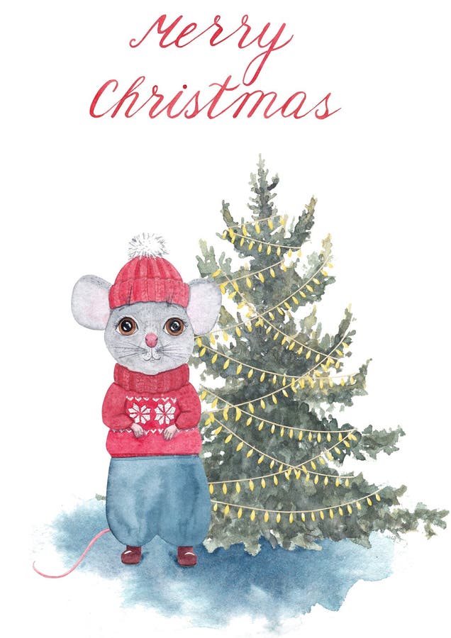 Vattenfärgad hand ritad söt karikatråtta eller mus i rött vintersötare och hatt med julgran vektor illustrationer Vattenfärgad hand ritad söt karikatråtta eller mus i rött vintersötare och hatt med julgran vektor illustrationer