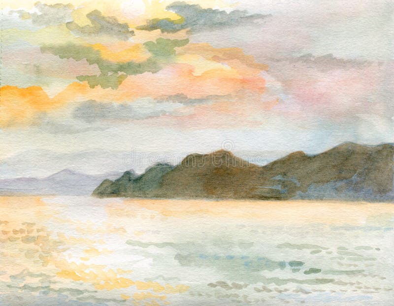 Vattenfärgbakgrund med solnedbrytande moln Berg- och havsområden royaltyfri illustrationer