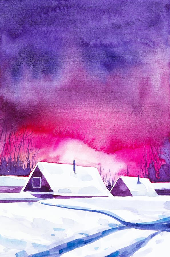 Vattenfärgbild av landskapet Den ljusa vintersolnedgången i byn bland träden royaltyfri illustrationer