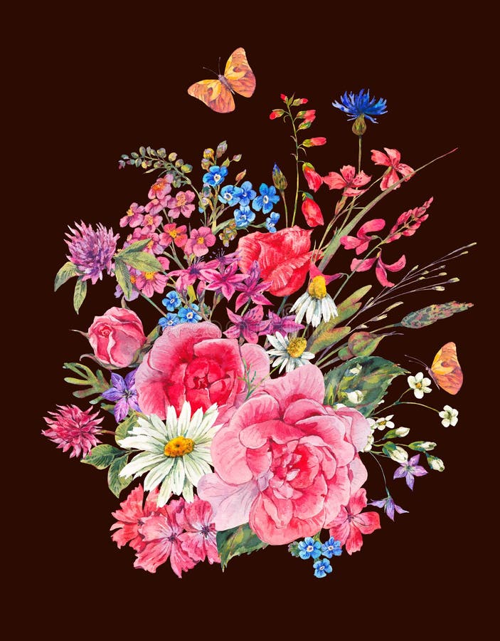 Vattenfärgbuketter av vildblommor och rosor stock illustrationer Vattenfärgbuketter av vildblommor och rosor stock illustrationer