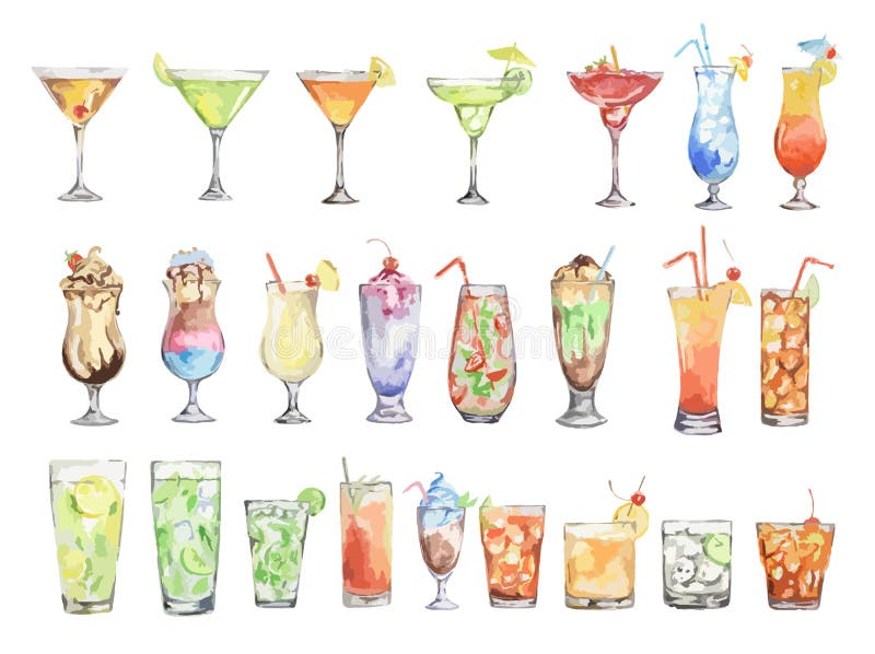 Vattenfärgcoctailuppsättning vektor illustrationer