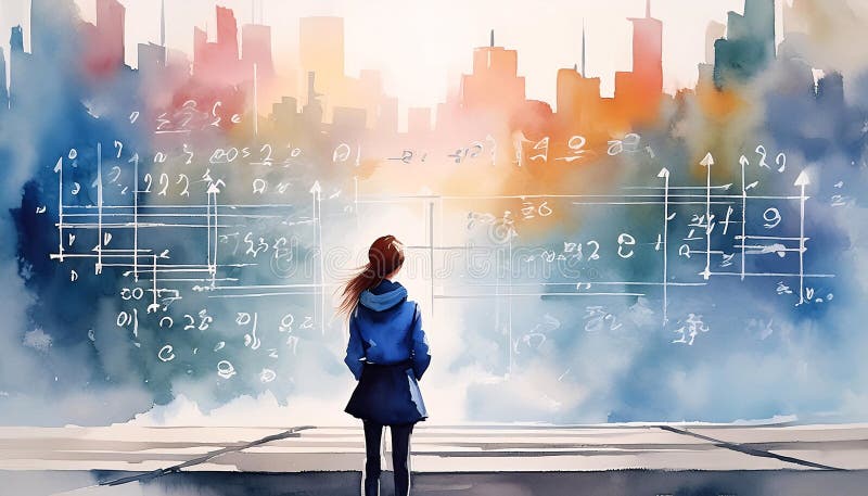Vattenfärgen hos en leende ung student i skoluniform och glasögon står tryggt framför en krita fylld med vektor illustrationer