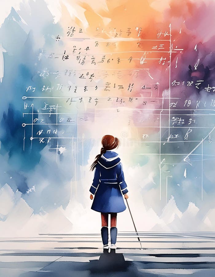 Vattenfärgen hos en leende ung student i skoluniform och glasögonen står med tillförsikt framför en krita fylld med royaltyfri illustrationer