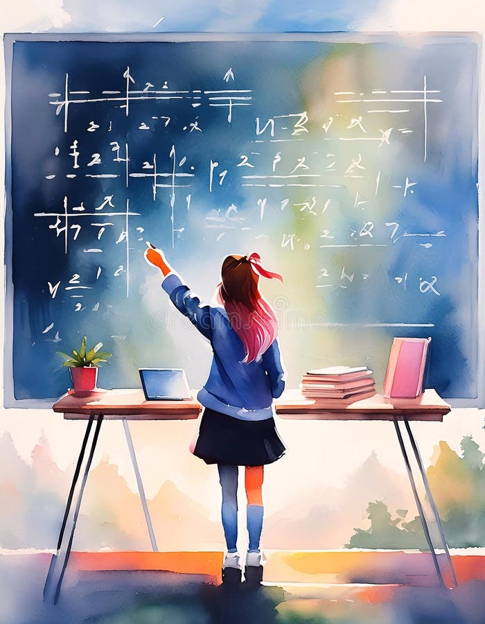 Vattenfärgen hos en leende ung student i skoluniform och glasögonen står med tillförsikt framför en krita fylld med royaltyfri illustrationer