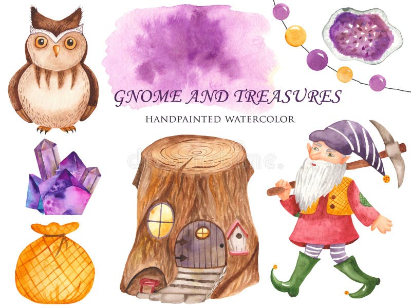 Vattenfärgen ställde in av gnomen, ugglor, stubbehus, kristaller, en påse av skatten stock illustrationer Vattenfärgen ställde in av gnomen, ugglor, stubbehus, kristaller, en påse av skatten stock illustrationer