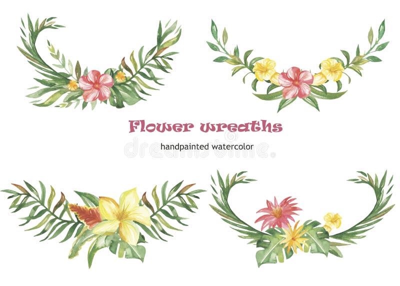Vattenfärgen ställde in av kransar och sammansättningar med tropiska blommor och växter royaltyfri illustrationer Vattenfärgen ställde in av kransar och sammansättningar med tropiska blommor och växter royaltyfri illustrationer