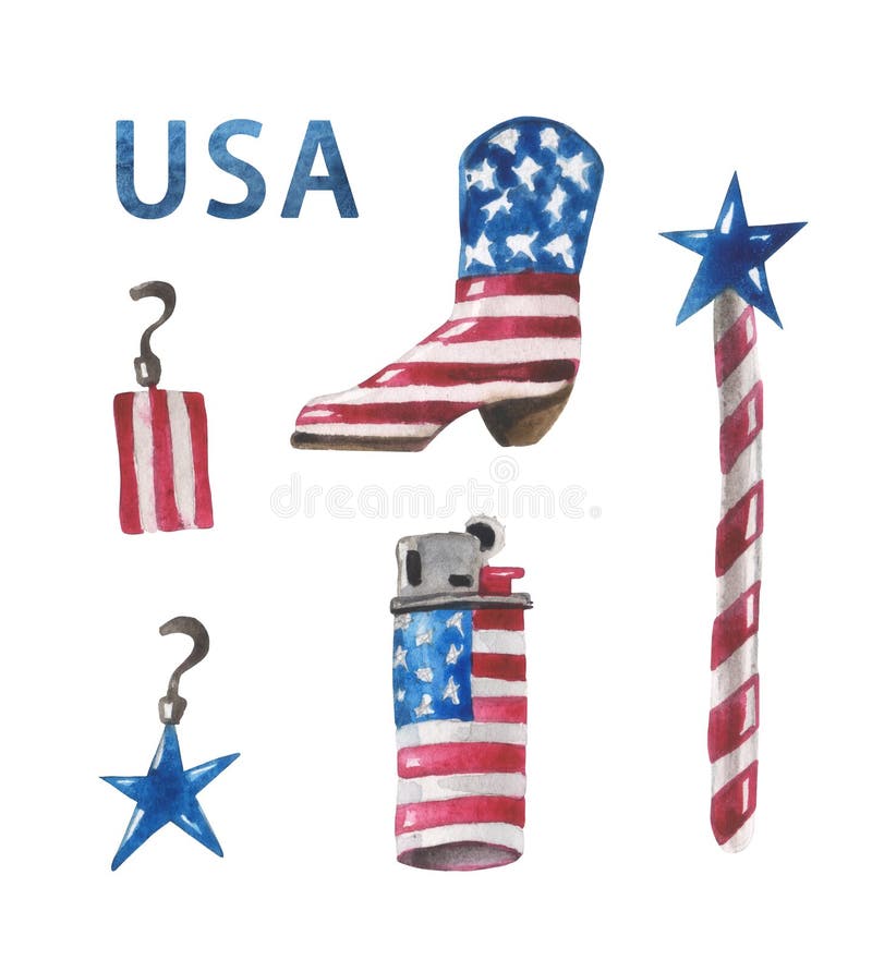 Vattenfärgen ställde in av stiliserade örhängen, enstil känga, en stjärna på en pinne och en tändare i färgerna av USA-flaggan stock illustrationer Vattenfärgen ställde in av stiliserade örhängen, enstil känga, en stjärna på en pinne och en tändare i färgerna av USA-flaggan stock illustrationer