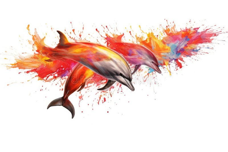 Vattenfärgers flyktighet och oförutsägbarhet genom att skapa ett dynamiskt och energiskt delfintryck. modedesign, söt delfinaffisc royaltyfri illustrationer