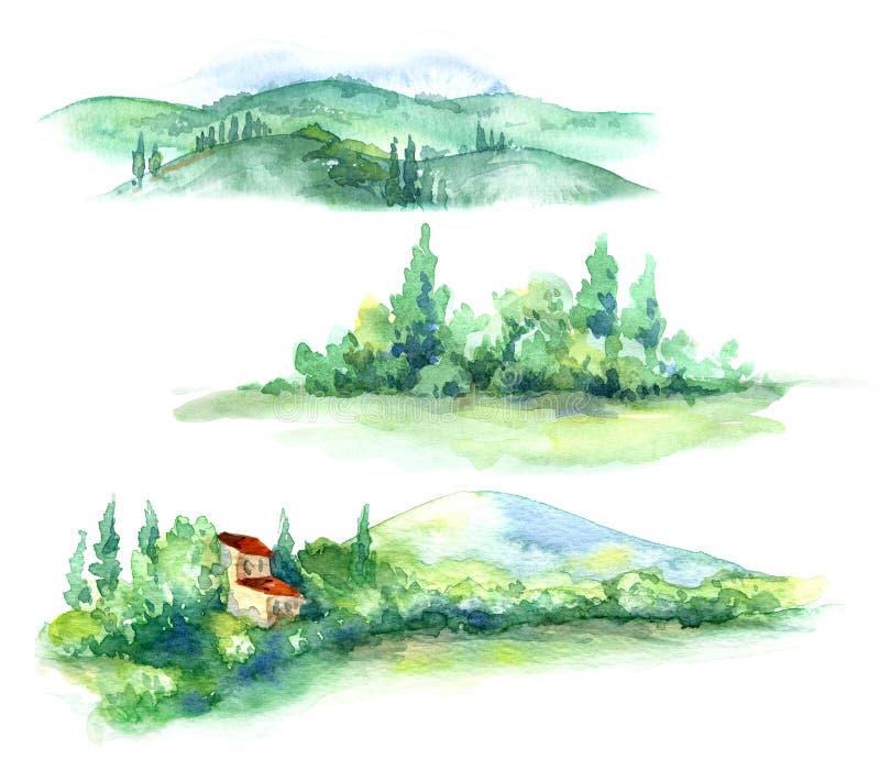Vattenfärgfragment av den lantliga platsen med kullar och träd