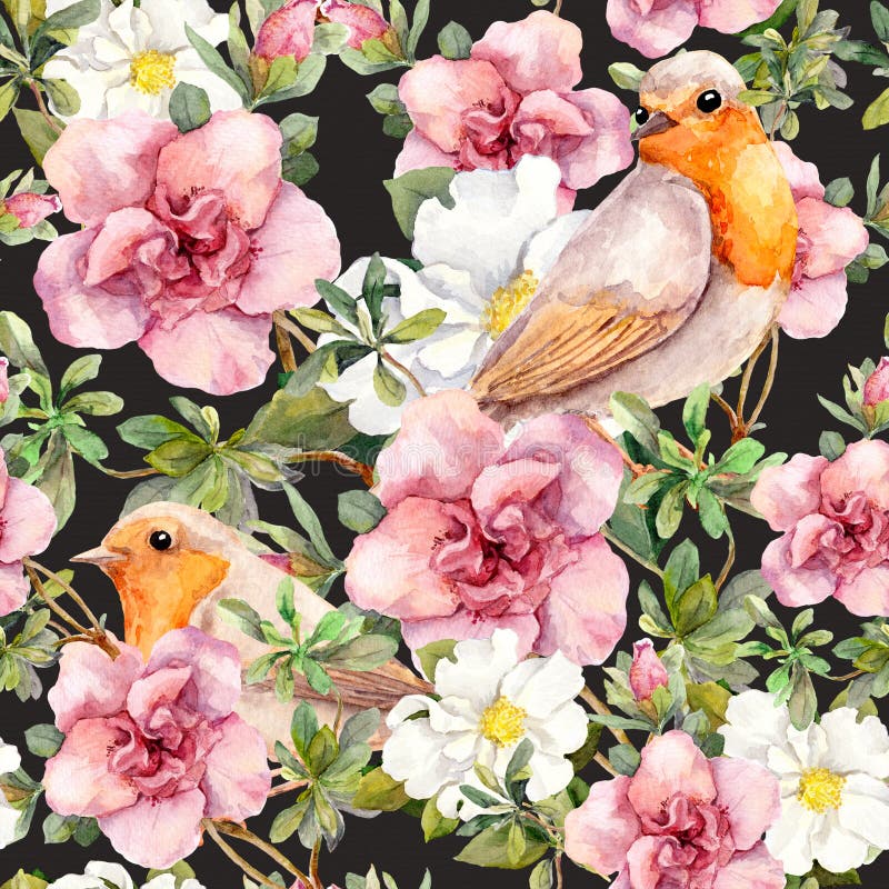 Vattenfärgfåglar och vattenfärgblommor seamless blom- modell royaltyfri illustrationer Vattenfärgfåglar och vattenfärgblommor seamless blom- modell royaltyfri illustrationer