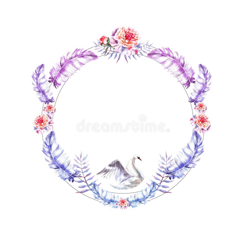 Vattenfärghanden målade cirkelramen av svanen, fjädrar, pioner, ris stock illustrationer Vattenfärghanden målade cirkelramen av svanen, fjädrar, pioner, ris stock illustrationer