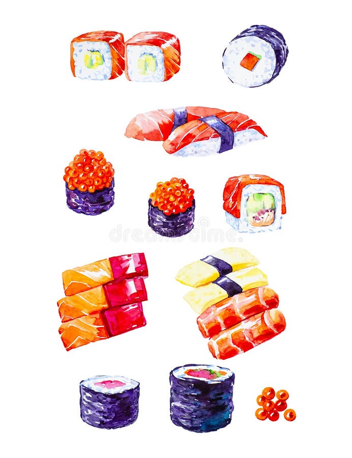 Vattenfärgillustration av en uppsättning av sushi och rullar bakgrund isolerad white arkivfoto Vattenfärgillustration av en uppsättning av sushi och rullar bakgrund isolerad white arkivfoto