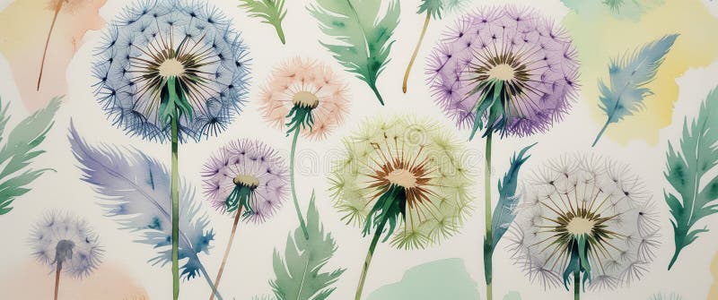 Vattenfärgillustration av färgstarka dandelioner och blad på en ljusbakgrund stock illustrationer