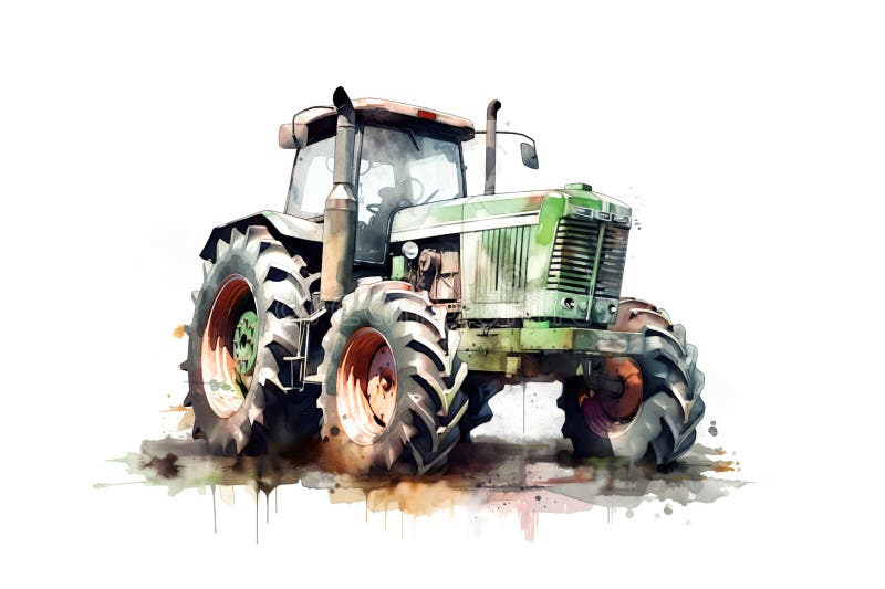 Watercolor illustration of green tractor with vibrant paint splatters on white background. Rustic allure of agricultural machinery with artistic flair AI generated. Watercolor illustration of green tractor with vibrant paint splatters on white background. Rustic allure of agricultural machinery with artistic flair AI generated