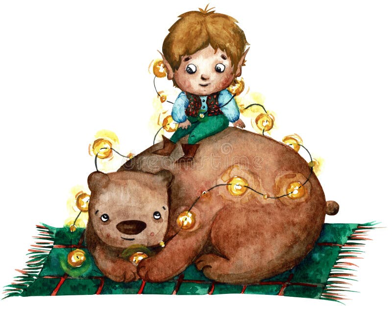 Vattenfärgillustration av lite pojken med långa öron som sitter på brunbjörnen och rymmer ljus stock illustrationer Vattenfärgillustration av lite pojken med långa öron som sitter på brunbjörnen och rymmer ljus stock illustrationer