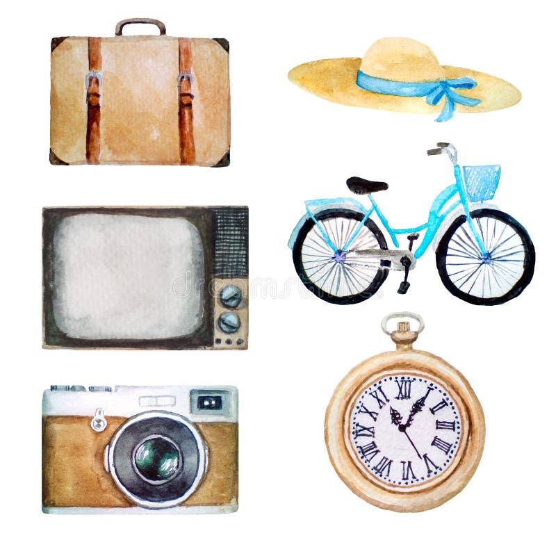 Watercolor illustration of retro vintage objects, old icons of hat, suitcase, tv, bicycle, photo camera, pocket clock, isolated on white background. Watercolor illustration of retro vintage objects, old icons of hat, suitcase, tv, bicycle, photo camera, pocket clock, isolated on white background