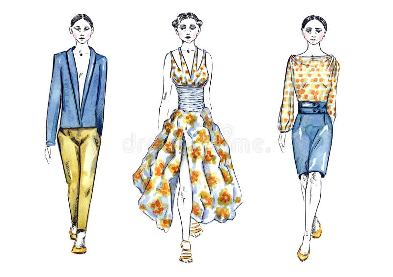 Vattenfärgillustrationmodeller i modeshow stock illustrationer Vattenfärgillustrationmodeller i modeshow stock illustrationer