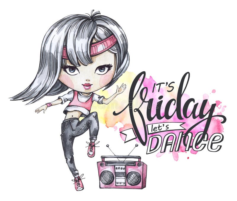 Vattenfärgkort med boombox- och dansflickan Kalligrafi uttrycker fredag, dans stock illustrationer Vattenfärgkort med boombox- och dansflickan Kalligrafi uttrycker fredag, dans stock illustrationer