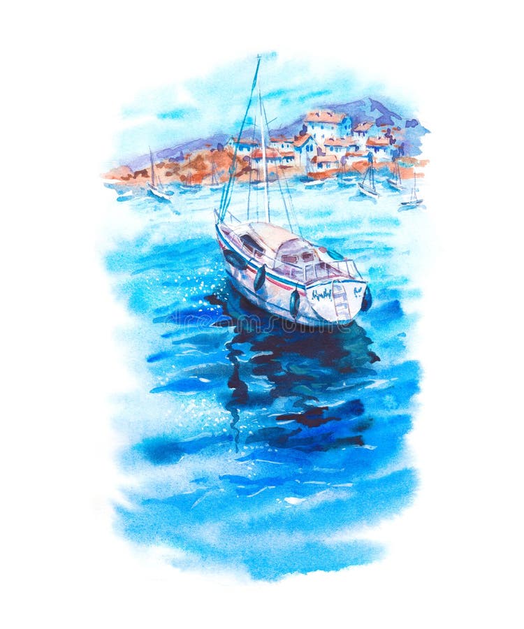 Vattenfärglandskap med havet, fartyg, yachter vektor illustrationer Vattenfärglandskap med havet, fartyg, yachter vektor illustrationer