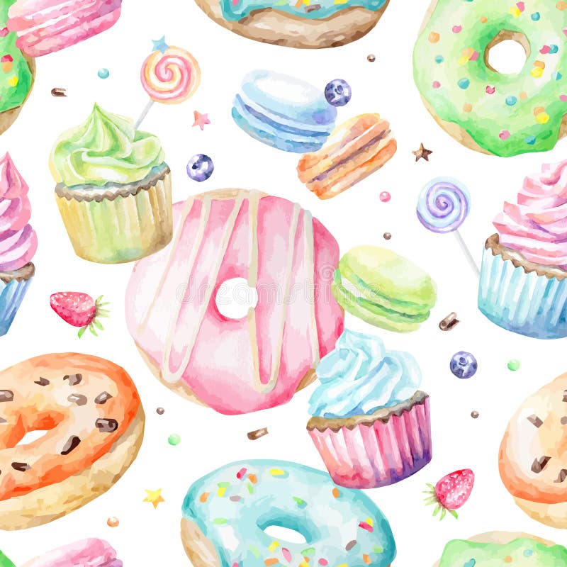 Vattenfärgmodell med macarons, muffin, donuts stock illustrationer Vattenfärgmodell med macarons, muffin, donuts stock illustrationer