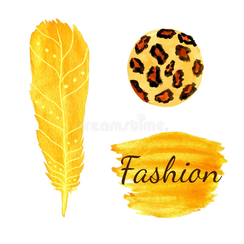 Vattenfärgmodeuppsättning i gul färg Leopardcirkeltextur, fjäder Etnisk vektor royaltyfri illustrationer Vattenfärgmodeuppsättning i gul färg Leopardcirkeltextur, fjäder Etnisk vektor royaltyfri illustrationer