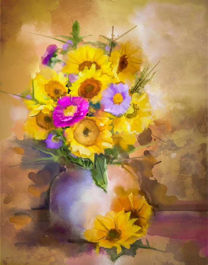 Watercolor painting flowers. Hand paint bouquet still life of yellow sunflower and violet aster flowers in vase on grunge textures background. Vintage painting style. Spring flower nature background. Watercolor painting flowers. Hand paint bouquet still life of yellow sunflower and violet aster flowers in vase on grunge textures background. Vintage painting style. Spring flower nature background