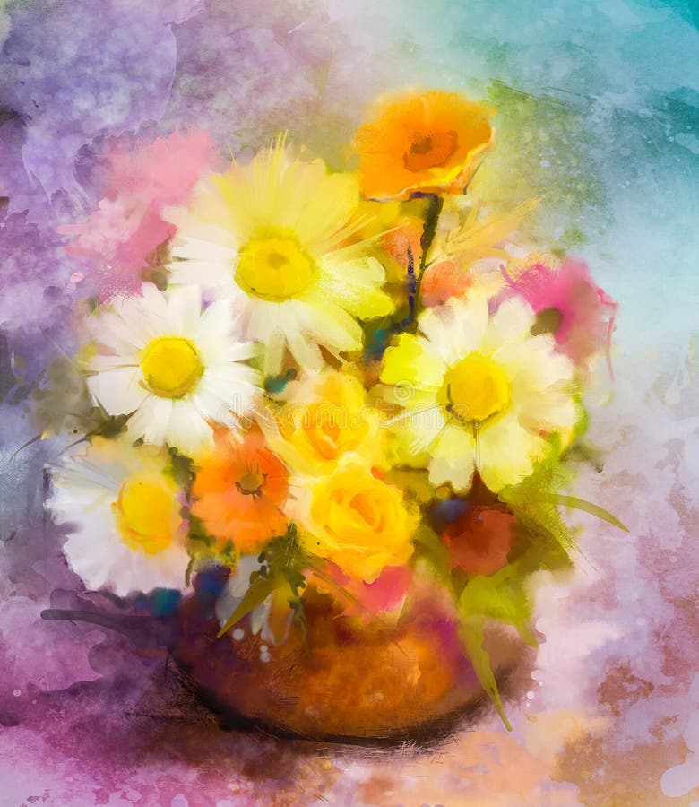 Watercolor painting flowers. Hand paint bouquet still life of yellow, orange, red daisy- gerbera floral in vase on grunge textures background. Vintage painting style. Spring flower nature background. Watercolor painting flowers. Hand paint bouquet still life of yellow, orange, red daisy- gerbera floral in vase on grunge textures background. Vintage painting style. Spring flower nature background