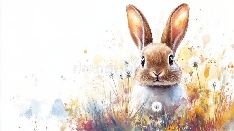 Vattenfärgning av en kanin i ett fält omgivet av dandelioner och grön med en mjuk atmosfär stock illustrationer