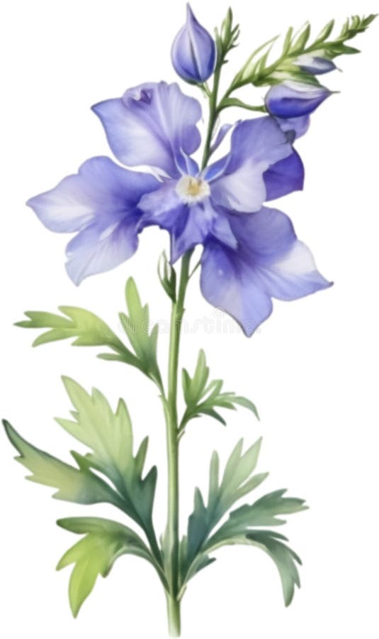 Vattenfärgning av larkspurblommor, målning av en larkspurblomma. hjälpmedel. stock illustrationer