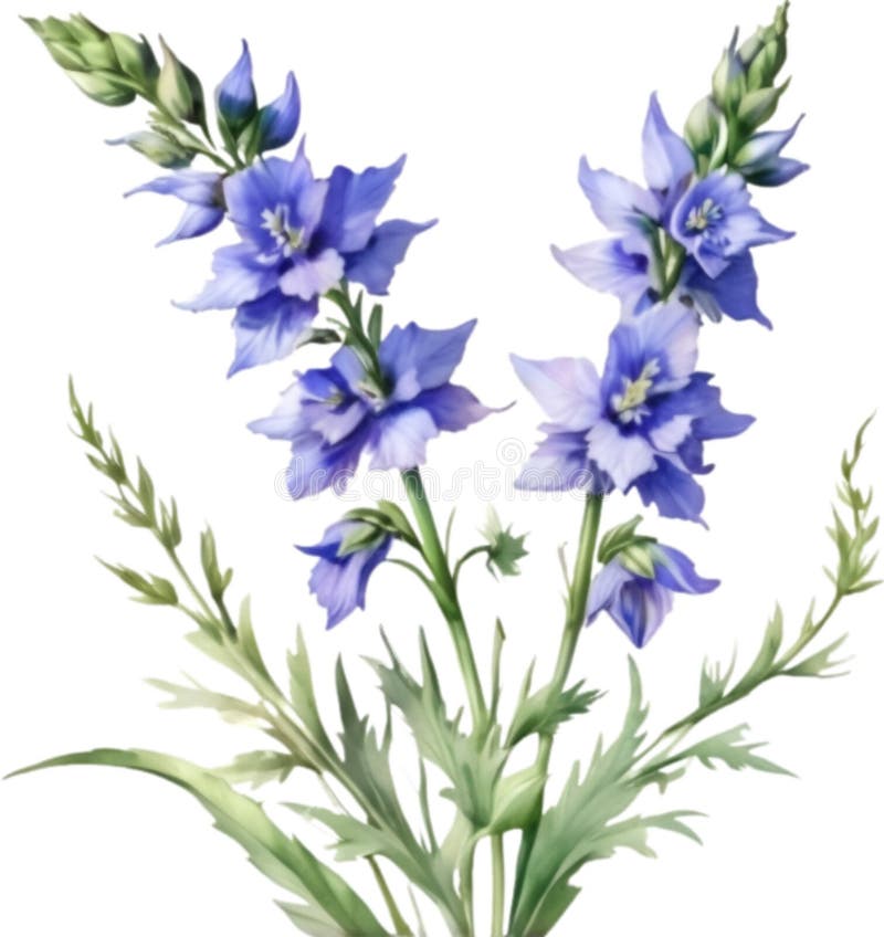 Vattenfärgning av larkspurblommor, målning av en larkspurblomma. hjälpmedel. vektor illustrationer