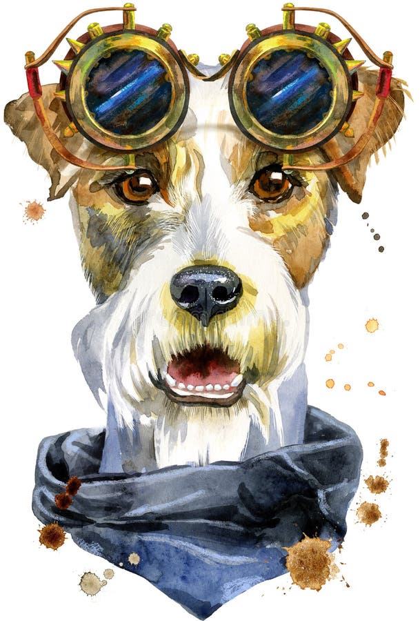 Vattenfärgporträtt av airedale skräckhund med steampunk glasögon royaltyfri illustrationer