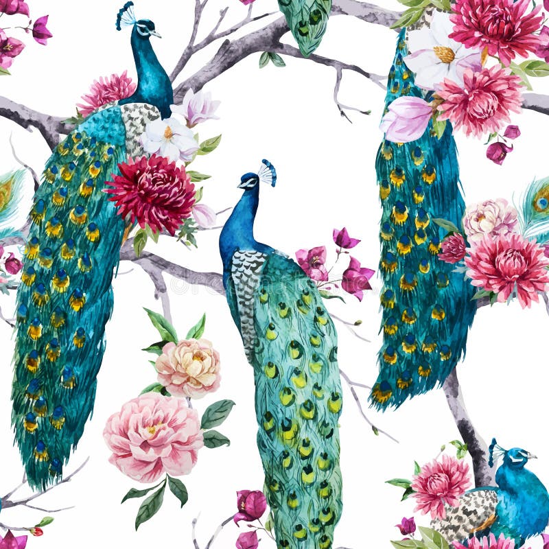 Vattenfärgpåfågel och blommamodell stock illustrationer