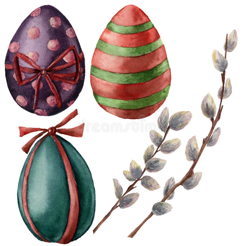 Vattenfärgpåskuppsättningen med ägg och pilen förgrena sig Räcka den målade pussypilen och ljusa ägg med dekoren ferie stock illustrationer Vattenfärgpåskuppsättningen med ägg och pilen förgrena sig Räcka den målade pussypilen och ljusa ägg med dekoren ferie stock illustrationer