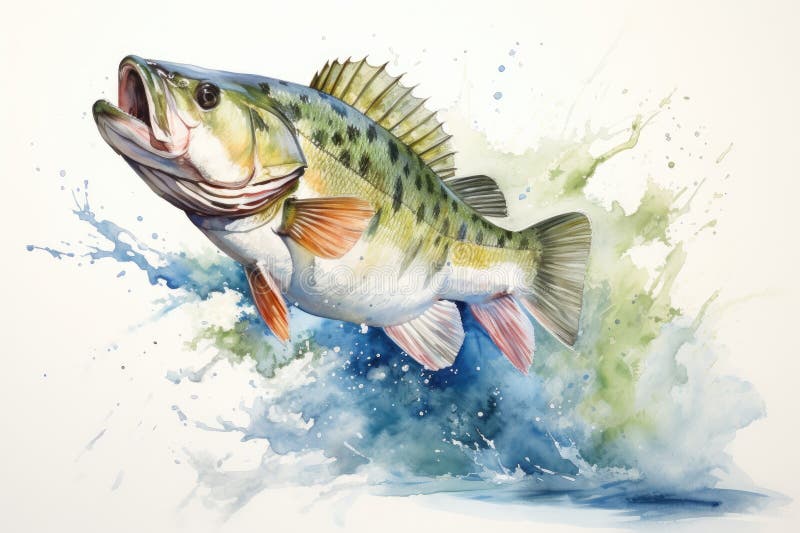 Vattenfärgsbasfisk som hoppar på vit bakgrund royaltyfria foton